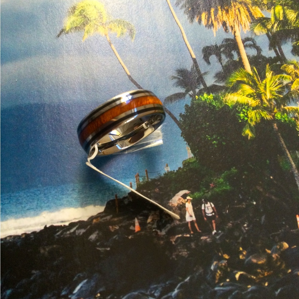 HAWAIIAN Tungsten ring,Koa wood and Black Enamel band,Unisex.Comfort-fit ring.